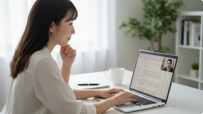 綺麗なリビングでノートパソコンを使っている女性